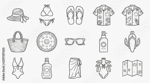 Fotografía Industrial Style Line Drawing Set of Vintage and Modern Beach Essentials with Fl