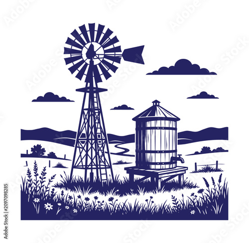 Rustic farm windmill and water tank in countryside with windmill countryside agriculture landscape infrastructure outdoors illustration monochrome silhouette building