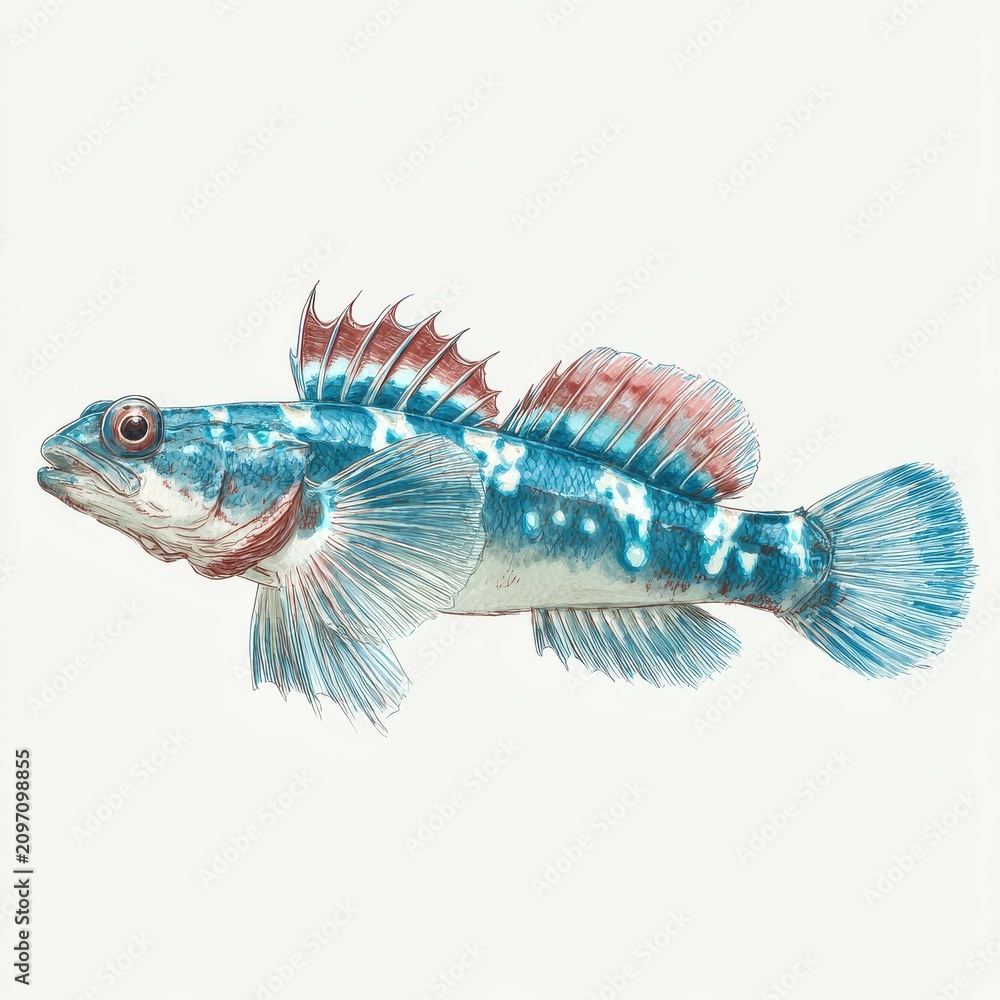 Fototapeta premium Blue Painted Grunter Fish Isolated On White Background With Red Spiny Dorsal Fins And Intricate Scales