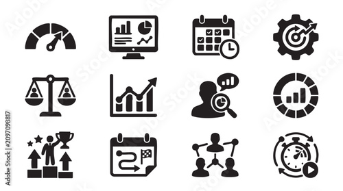Business icons, productivity symbols, management signs, workflow graphics, 12 black vector icons