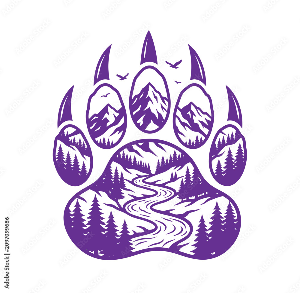 Obraz premium Detailed bear paw print logo with mountain landscape and winding river landscape mountain wilderness wildlife adventure illustration outdoors exploration tracking