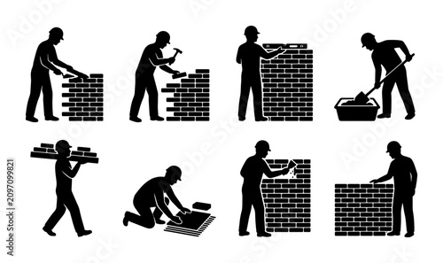 Konstfotografi Construction Worker Bricklaying Icons, Masonry Process Silhouettes, Building Ind