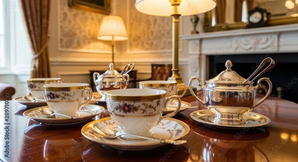 Fototapeta premium Elegant Porcelain Teacups and Silverware Set for Afternoon Tea Service