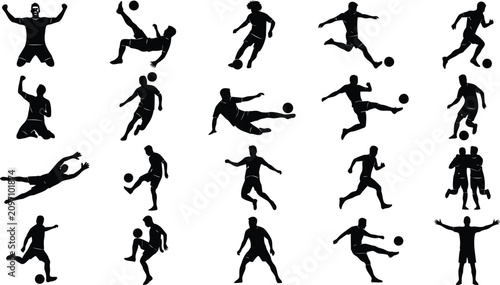 Set of soccer player silhouettes in action poses