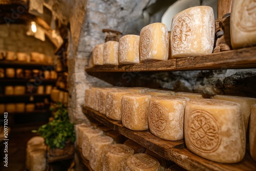 selective focus aged parmesan cheese wheels stored on rustic wooden shelves in traditional stone cellar