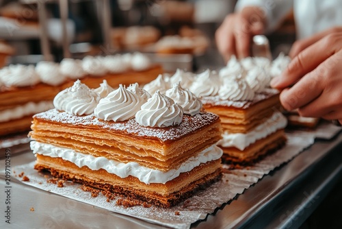 selective focus rows of pastries being filled with cream in bakery production line