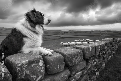 selective focus sheepdog watching over a flock in peaceful countryside pasture
