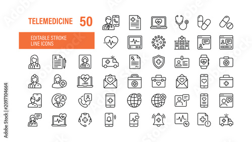 Telemedicine and Digital Healthcare Icon Set. Editable line icons. Collection of telehealth, virtual consultation, remote patient monitoring, eHealth, and medical technology. Vector illustration.

