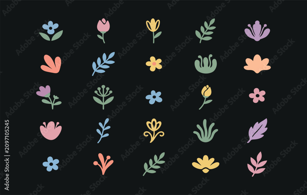 Fototapeta premium Collection of cute pastel floral and leaf icons featuring soft color palettes for minimalist graphic design and aesthetic digital projects
