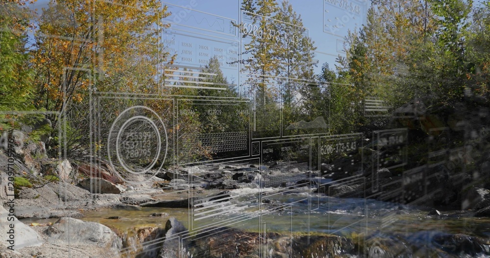 Obraz premium Wireframe overlay fading in from left and drifting right, visualizing data over flowing creek