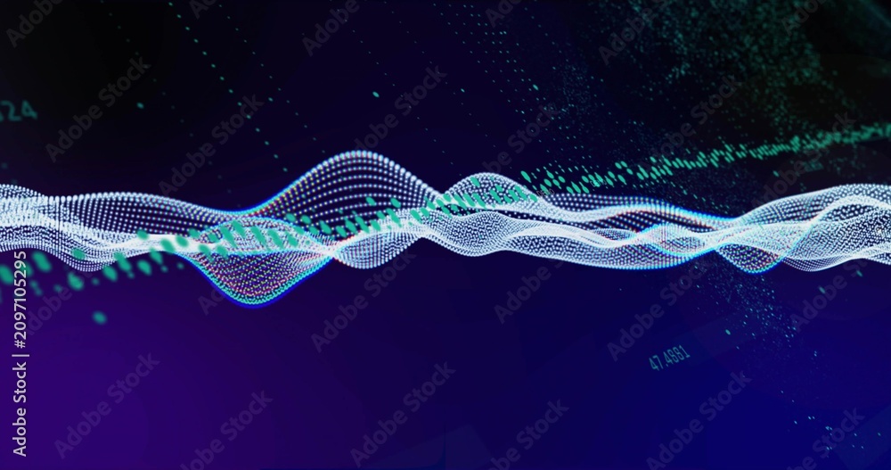 Obraz premium Flare sparking layered waveform moving on navy field rising peaks showing numbers teal dots forming