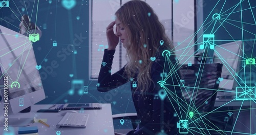 Mouse and keys pausing, woman reaching screen, rubbing forehead, easing eye strain, icons drifting