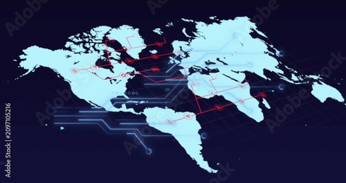 Stylized cyan map showing appearing node markers pulsing and drawing red links mapping world routes