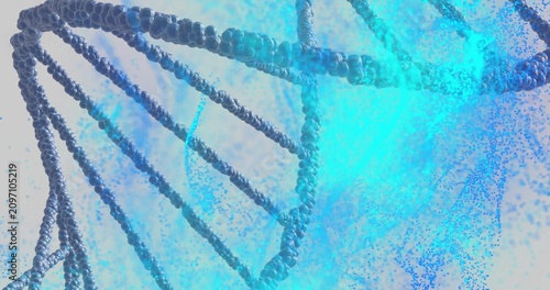 Teal ribbon sweeping from top-right starting beaded DNA helix rotating, revealing rungs and flow