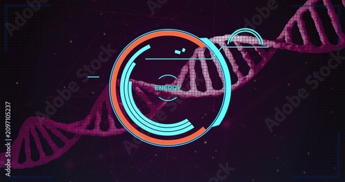Konstfotografi Magenta DNA helix centering, cyan marker appearing, HUD expanding and updating e