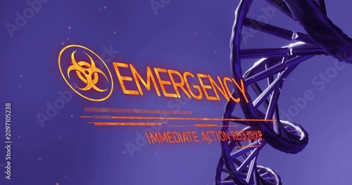 Biohazard emblem appearing triggers stylized DNA helix rotating, HUD expanding to signal emergency