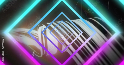Warm flare flaring, neon diamond frames and b and w striped ribbon pulsing, shifting, creating loop