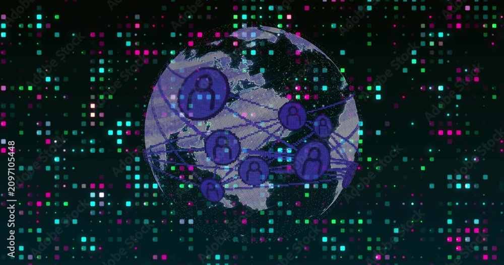 Fototapeta premium At start rotating globe showing lands pulsing purple nodes linking visualizing global network