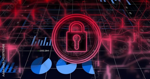 Red padlock growing over grid, causing rings spinning and pie charts shifting, securing analytics