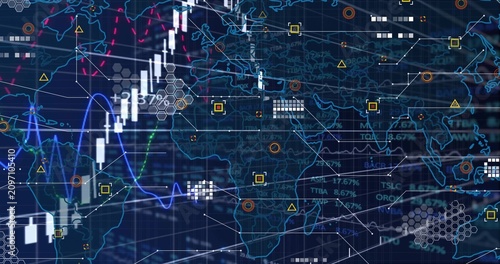 On map reveal white candlestick chart animating, rising, dipping, recovering to show market trend