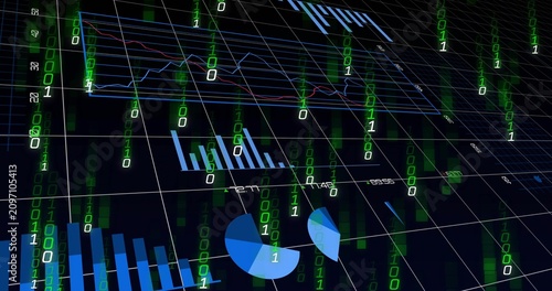 3D analytics plane getting data panning and showing blue bar pie charts while green binary falling