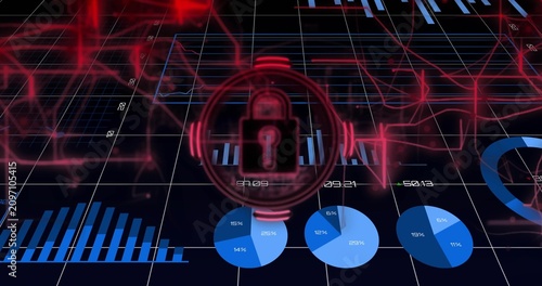 Red padlock growing over grid, causing rings spinning and pie charts shifting, securing analytics