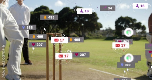 After bat striking ball, fielder raising arms, notifications flooding sky to show rising engagement