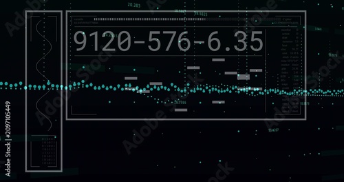 On incoming data HUD panel updating readouts, teal dots dipping and bars shifting, showing trends
