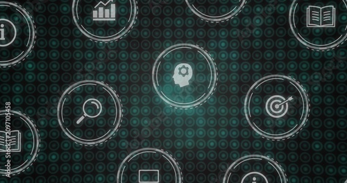 Circular icons forming grid pulsing drifting teal glow sweeping showing search and data for tech