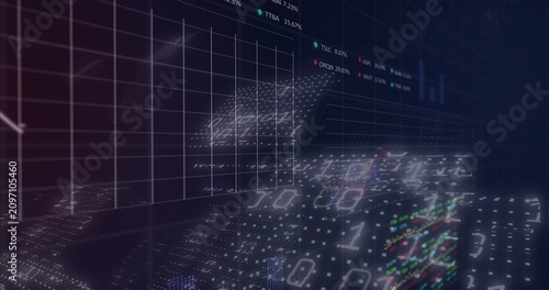 3D data viz emerging from darkness, forming market dashboard with dotted wave, 01 digits