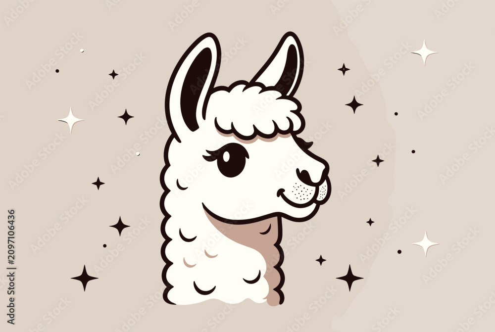 Fototapeta premium Cute white llama head illustration is surrounded by twinkling stars and a neutral beige background for a whimsical animal theme.