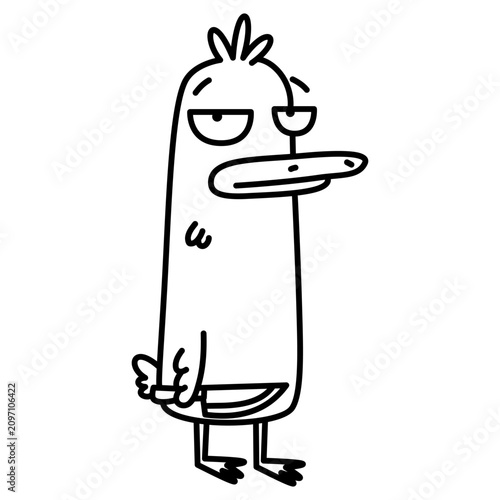 A cute, crazy duck is holding a knife. Vector line art illustration in black and white . Vector illustration
