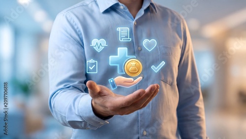 Health insurance and medical cost coverage in hand, healthcare financing with money savings for treatment expenses, patient care plan, hospital service payment and wellness benefit protection