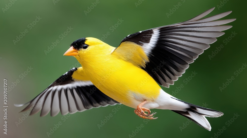 Fototapeta premium American Goldfinch in flight with wings fully spread