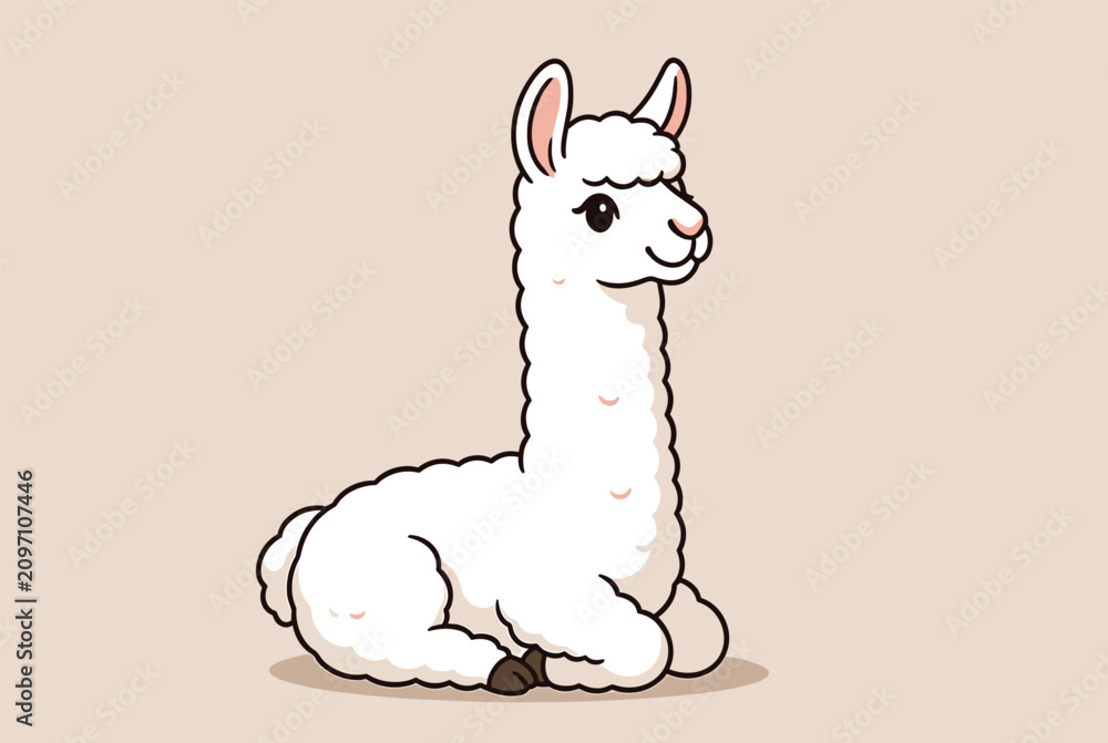 Fototapeta premium Cute white llama or alpaca sitting in a relaxed pose on a plain background in a charming cartoon illustration style.