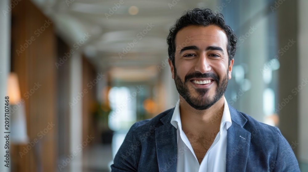 Fototapeta premium Smiling middle eastern man. Professional portrait of a happy businessman in a modern office.
