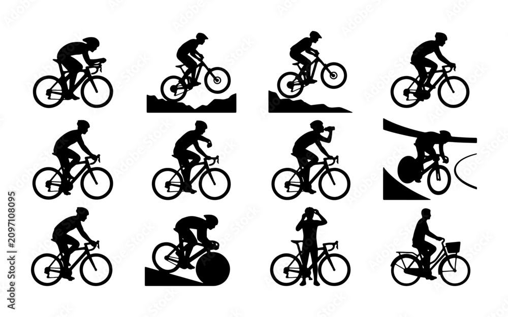 Obraz premium Cyclist Silhouette Collection: Diverse Bicycle Sports and Activities, Vector Icons for Fitness and Recreation