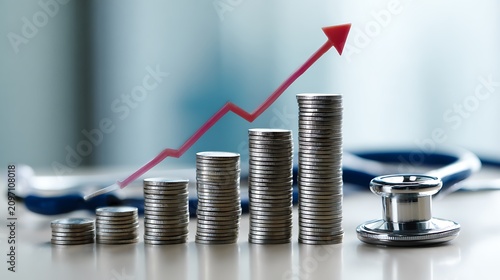 Rising healthcare costs represented by coins and a stethoscope.