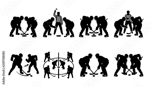 Canvas Print Ice Hockey Action Silhouettes, 8 Vector Icons Set: Game Play, Players, Referee,
