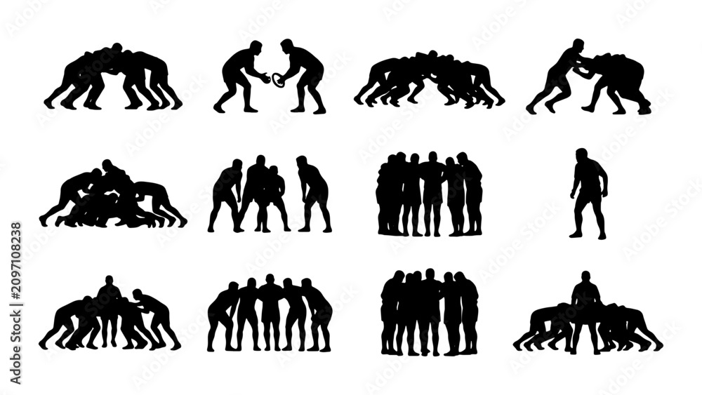 Fototapeta premium Rugby Team Silhouettes, Scrum and Lineout Poses, Sports Action Vector Icons