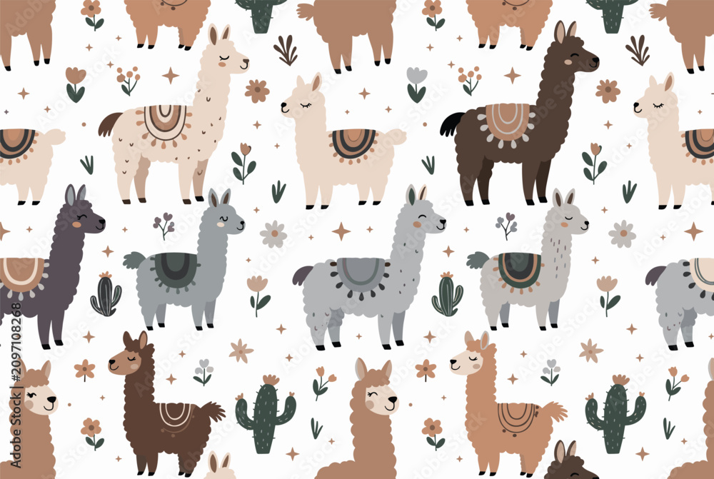 Fototapeta premium Seamless repeating pattern featuring cute illustrated llamas or alpacas, green cacti, and small colorful flowers on a white background.