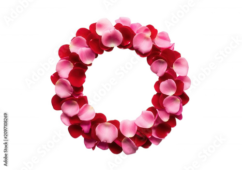 Circular wreath of red and pink rose petals isolated on transparent background