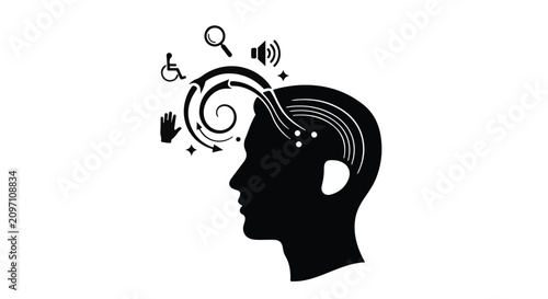 Human profile silhouette features abstract thought spirals and icons representing cognitive processing and accessibility.