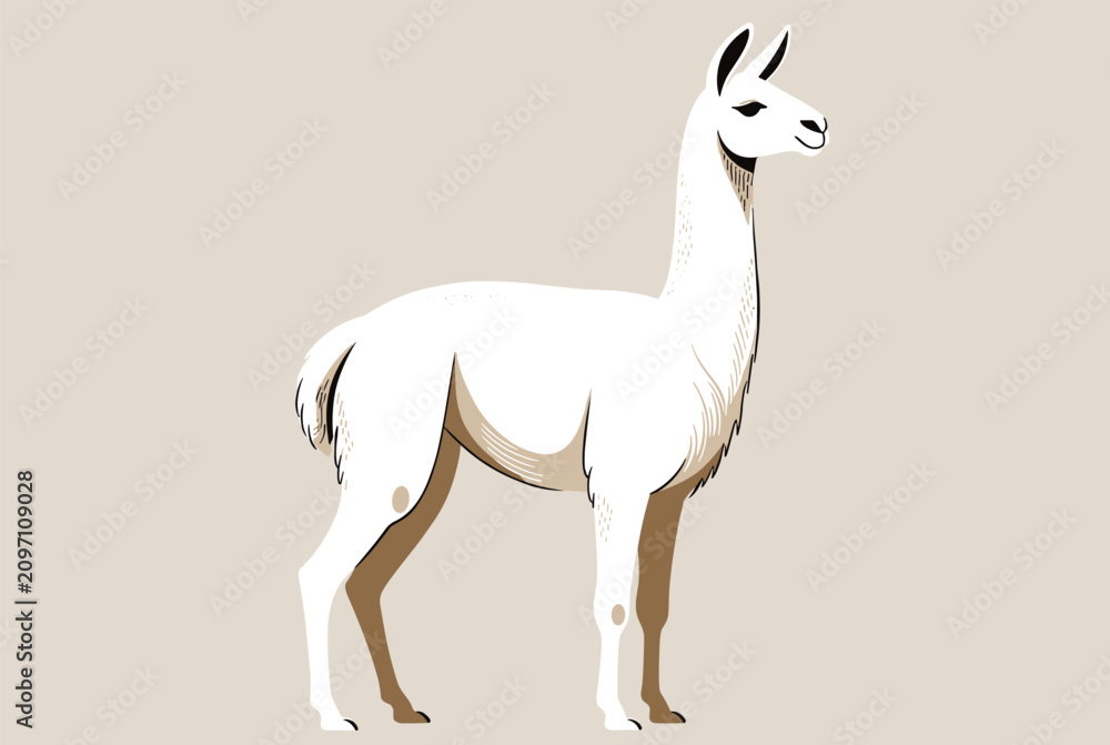 Fototapeta premium Elegant white llama or alpaca standing in profile against a plain tan background in a refined illustration style.