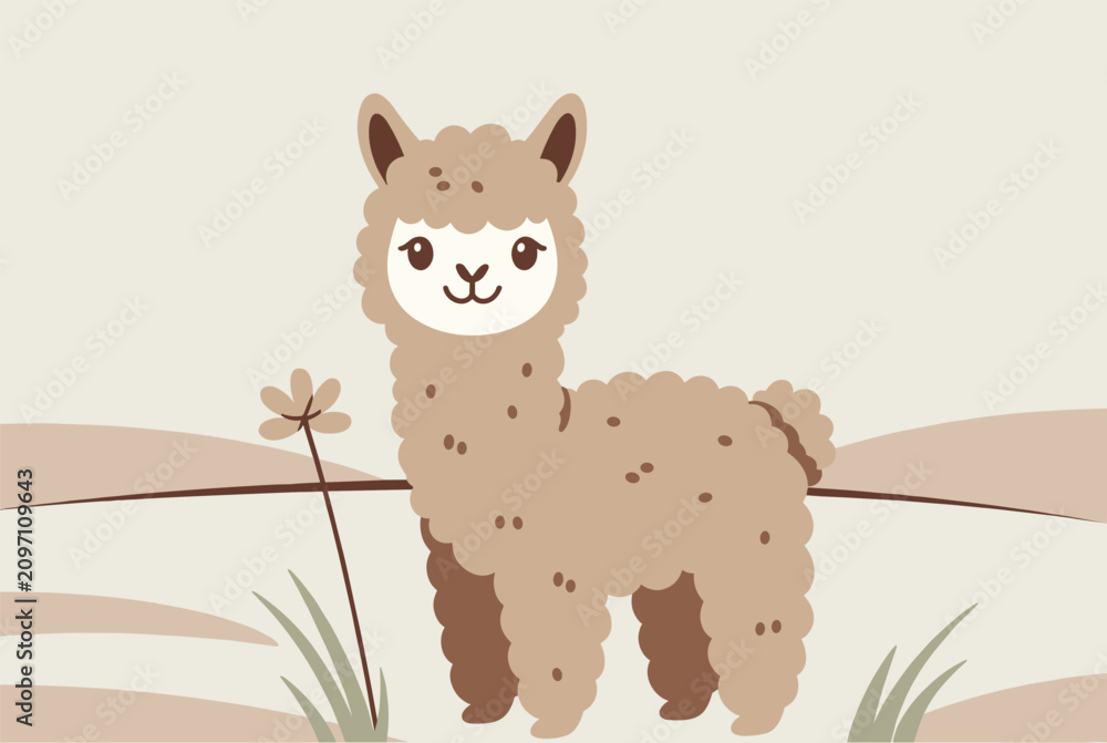 Fototapeta premium Adorable fluffy cartoon alpaca standing in a peaceful field with grass and a small flower under a soft neutral colored sky.