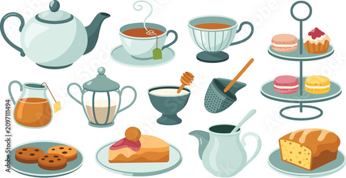 Afternoon Tea and Sweet Pastry Vector Illustration Set Featuring Teapot Tea Cups Tiered Dessert Stand Macarons Cookies Honey Cake and Sugar Bowl