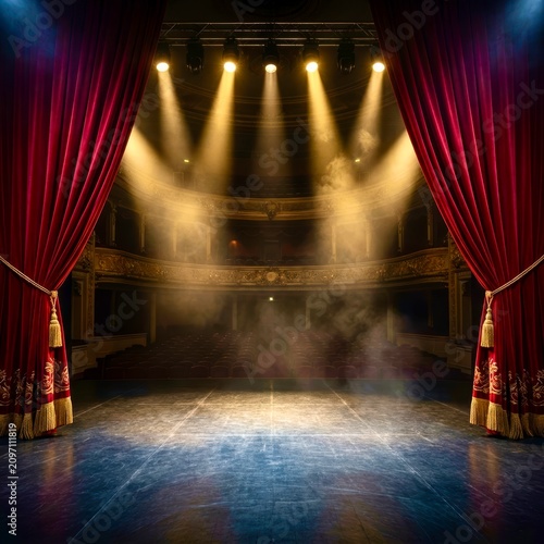 Red curtains frame an empty, dimly lit theater stage