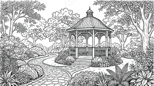 Fotografie Vintage garden gazebo line art, Victorian park pavilion with stone path, detaile