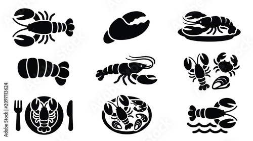 Photos Collection of stylized black and white icons representing lobsters and seafood dishes