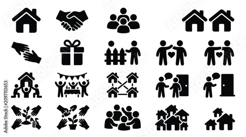 Collection of black and white icons representing community, family, and togetherness, including houses, people shaking hands, and group gatherings.
